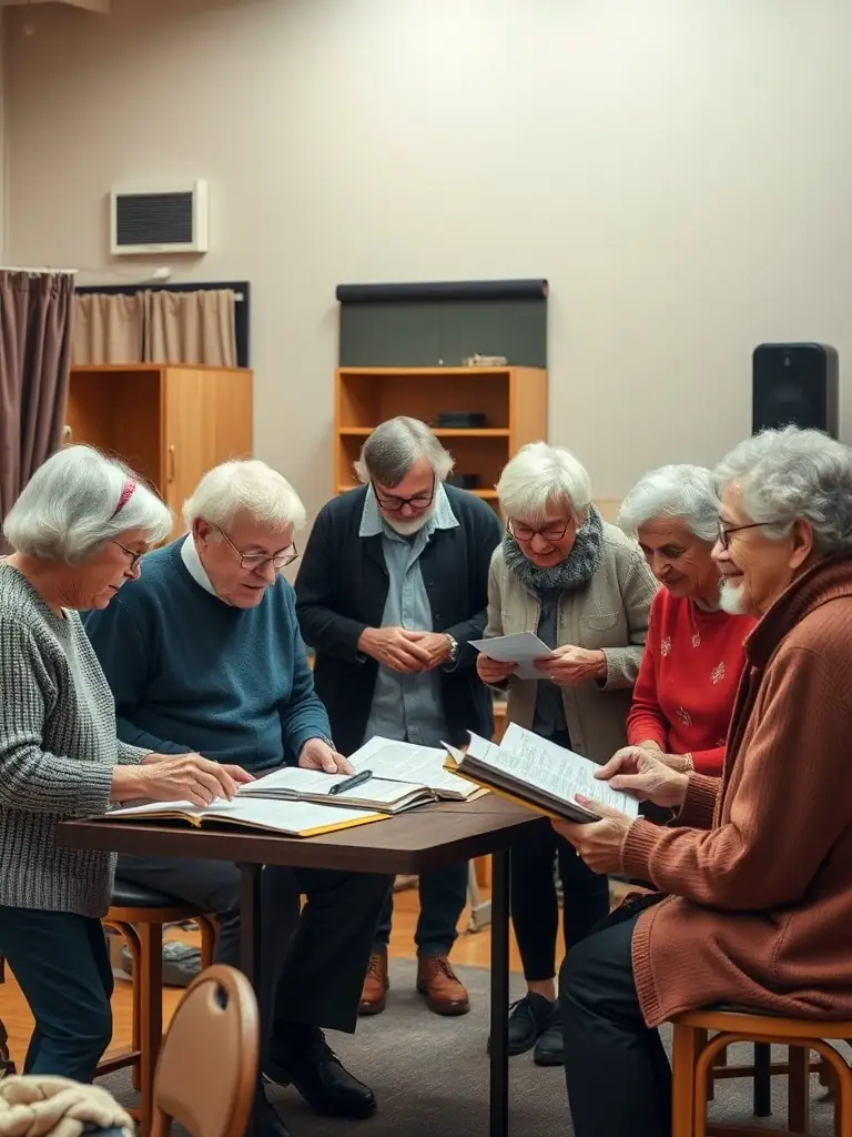 A heartwarming image of an intergenerational group working together on a theatrical production, highlighting the connection between different age groups.