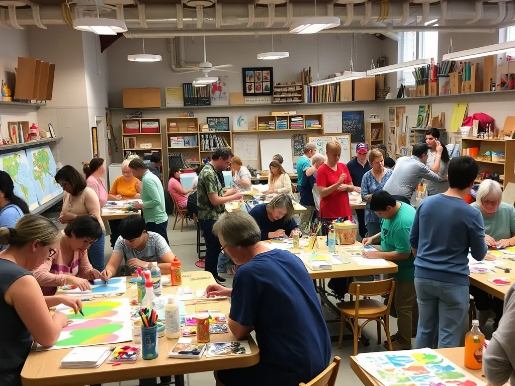 A vibrant image depicting a community arts workshop in progress, with participants of all ages engaged in a creative activity, showcasing the inclusive nature of TOUS EN SCENE's programs.