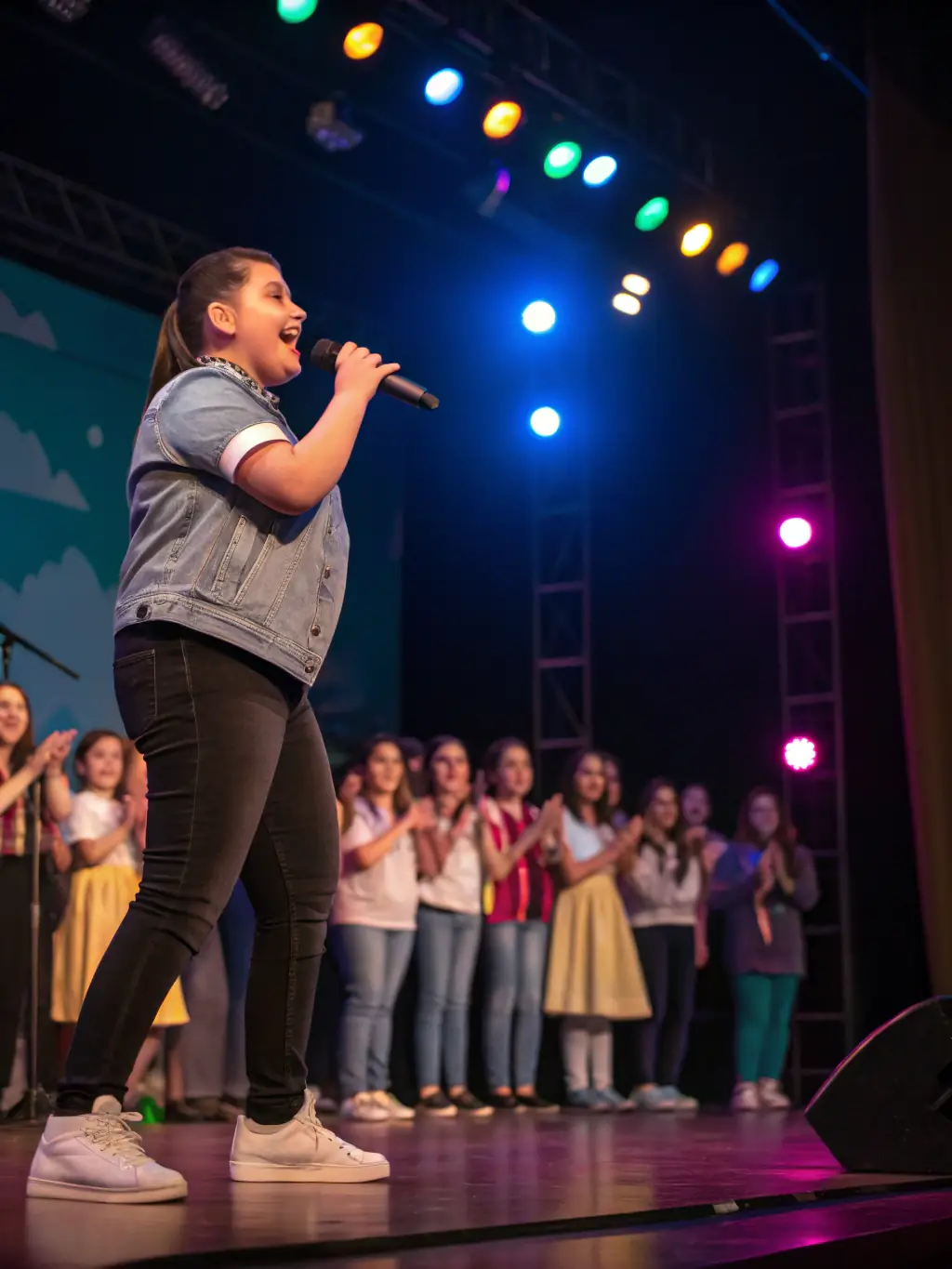 A dynamic photo capturing the energy of a youth talent showcase, featuring young performers on stage with enthusiastic audience members.