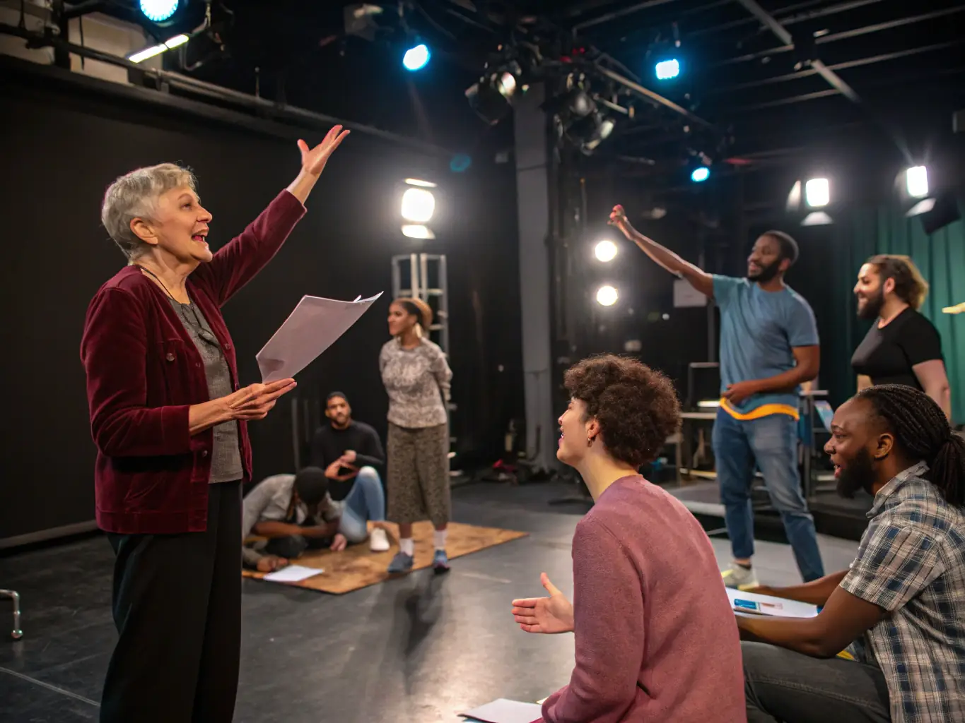 A vibrant image depicting participants of all ages engaged in a collaborative theater workshop, showcasing the intergenerational aspect of TOUS EN SCENE's programs.