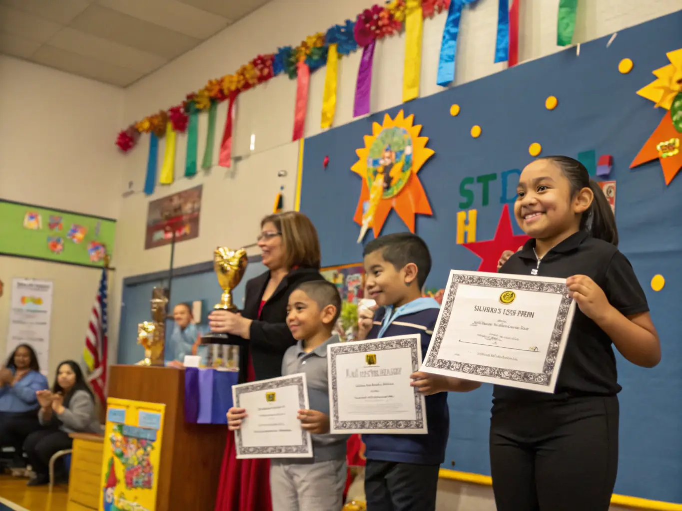 A heartwarming image of young artists showcasing their talents at the Youth Talent Showcase, highlighting the mentorship and community recognition aspects of the event.