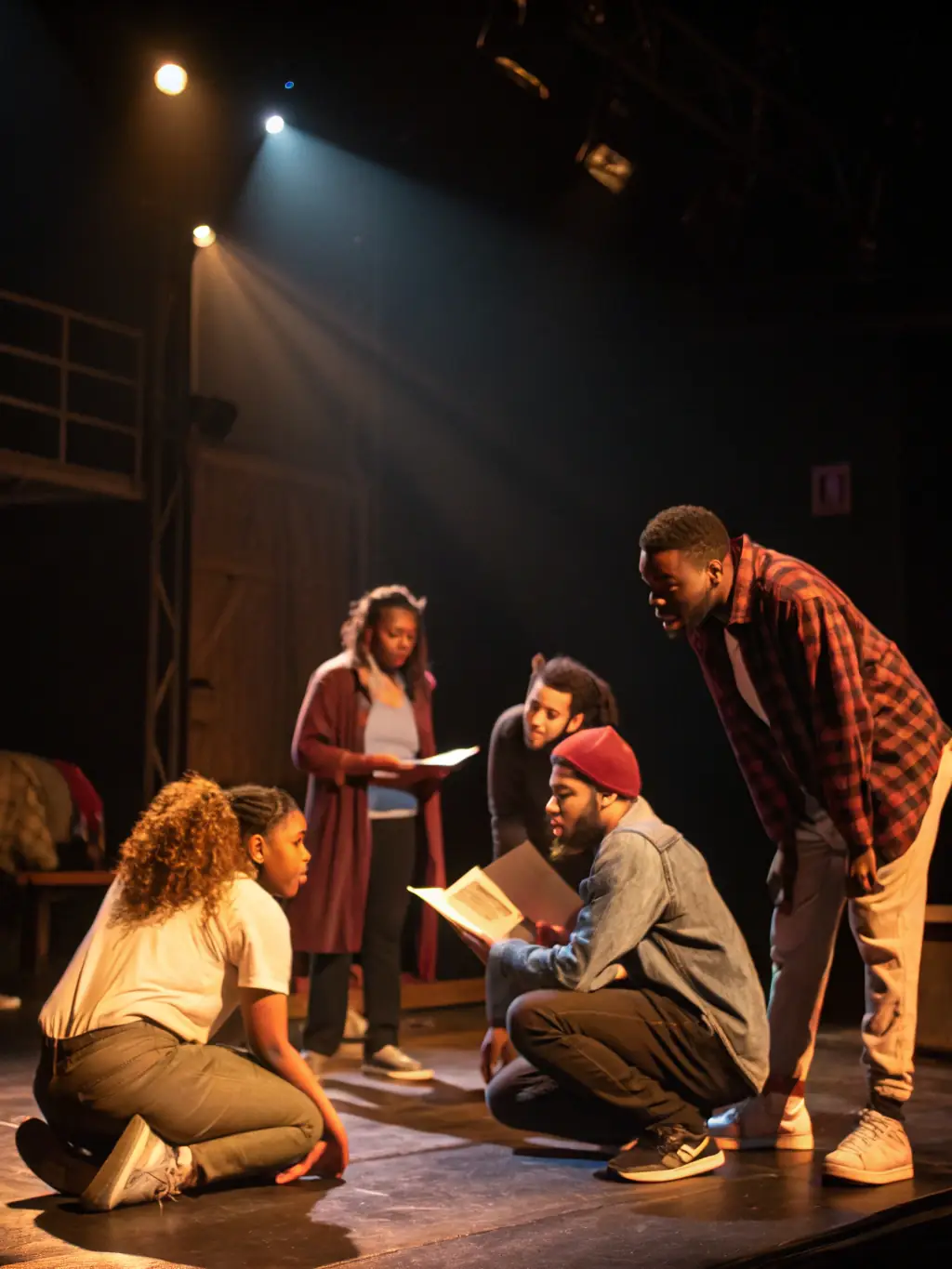 A vibrant image of a community theater workshop in progress, showcasing participants of diverse ages and backgrounds actively engaged in a scene rehearsal, emphasizing the inclusive nature of TOUS EN SCENE's programs.