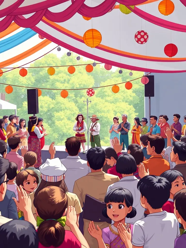 A dynamic photo capturing the energy of the Spring Cultural Festival, featuring performers on stage with colorful costumes and enthusiastic audience members, illustrating the cultural vibrancy promoted by TOUS EN SCENE.