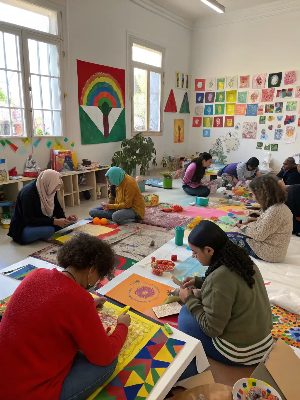 A vibrant image capturing a community arts workshop in progress, with participants of all ages engaged in painting and crafting, reflecting TOUS EN SCENE's commitment to accessible artistic expression.