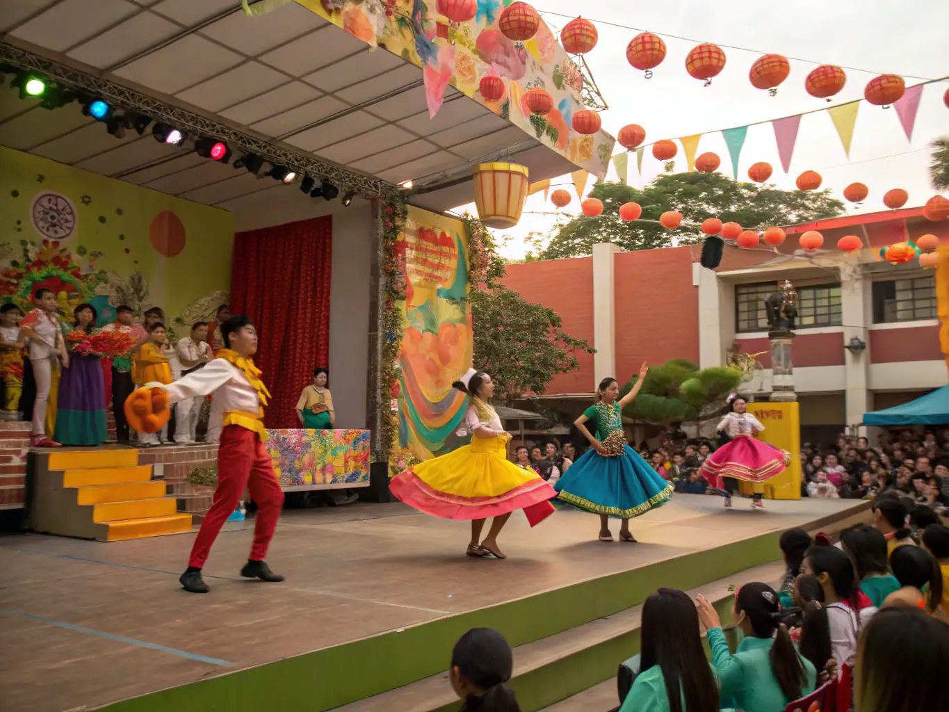 A dynamic image capturing the energy of the Spring Cultural Festival, featuring performers on stage and an enthusiastic audience, highlighting TOUS EN SCENE's role in celebrating cultural diversity.