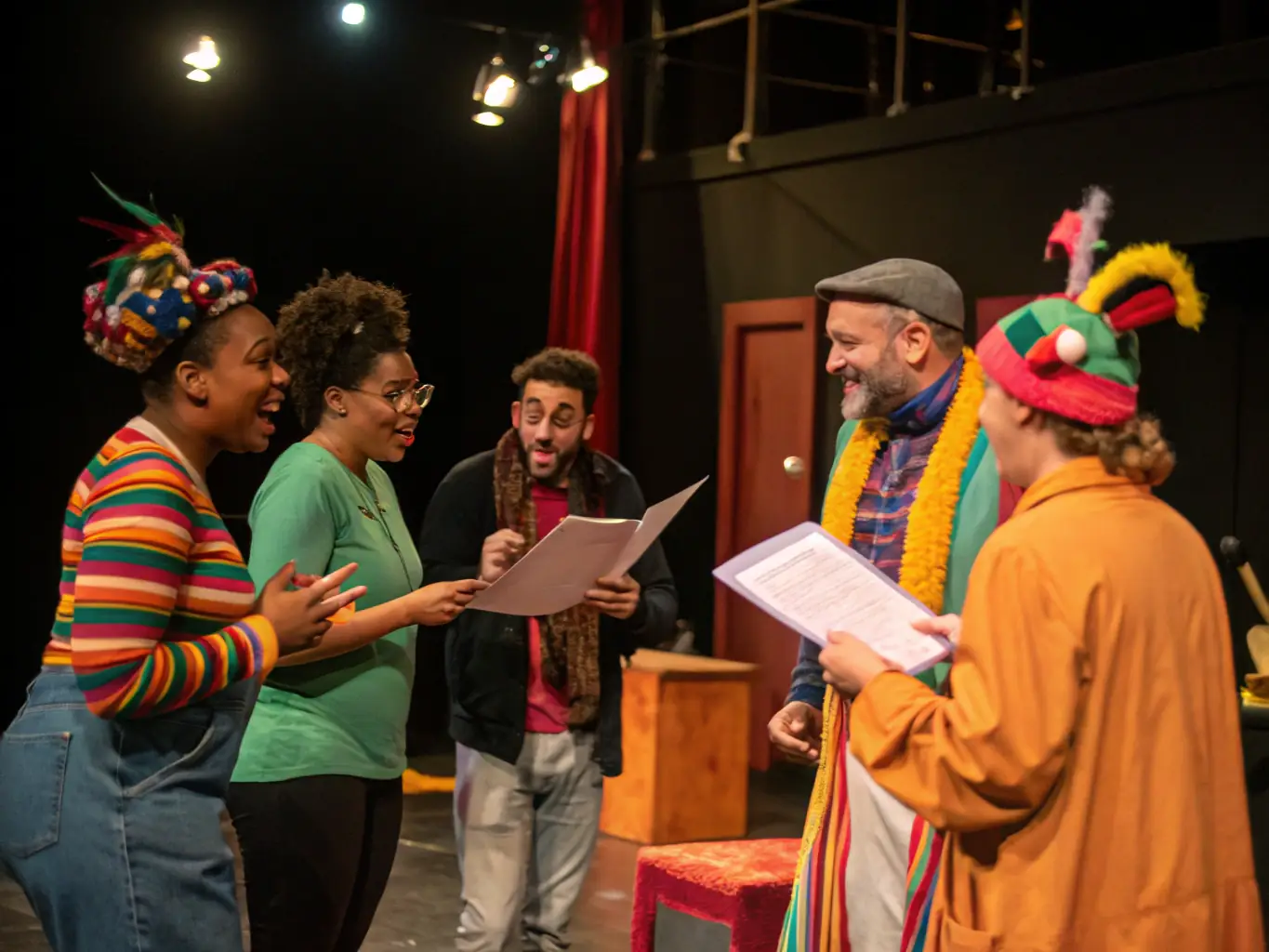 A heartwarming image of participants from different generations collaborating on a theater project, emphasizing the intergenerational aspect of TOUS EN SCENE's initiatives.