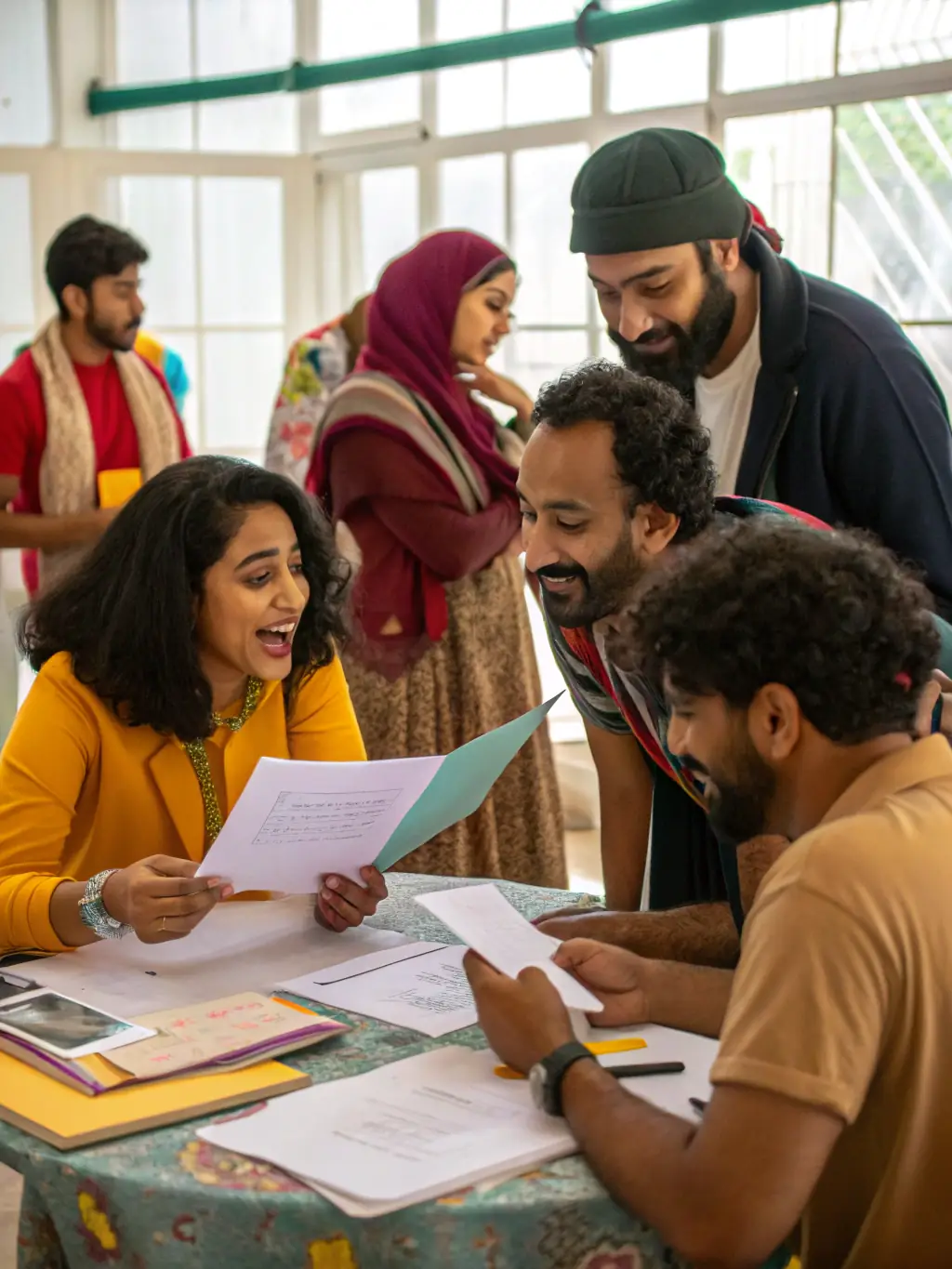 A photograph capturing a diverse group of community members participating in a theater workshop, showcasing inclusivity and engagement.