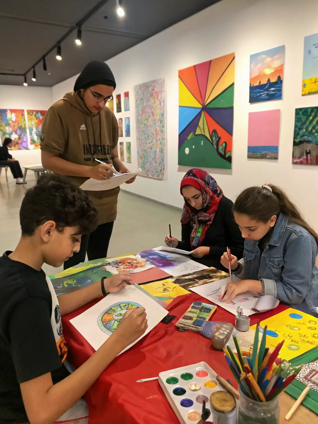 A heartwarming image of young artists showcasing their talents at the Youth Talent Showcase, with mentors providing guidance and support, emphasizing TOUS EN SCENE's dedication to fostering artistic growth.