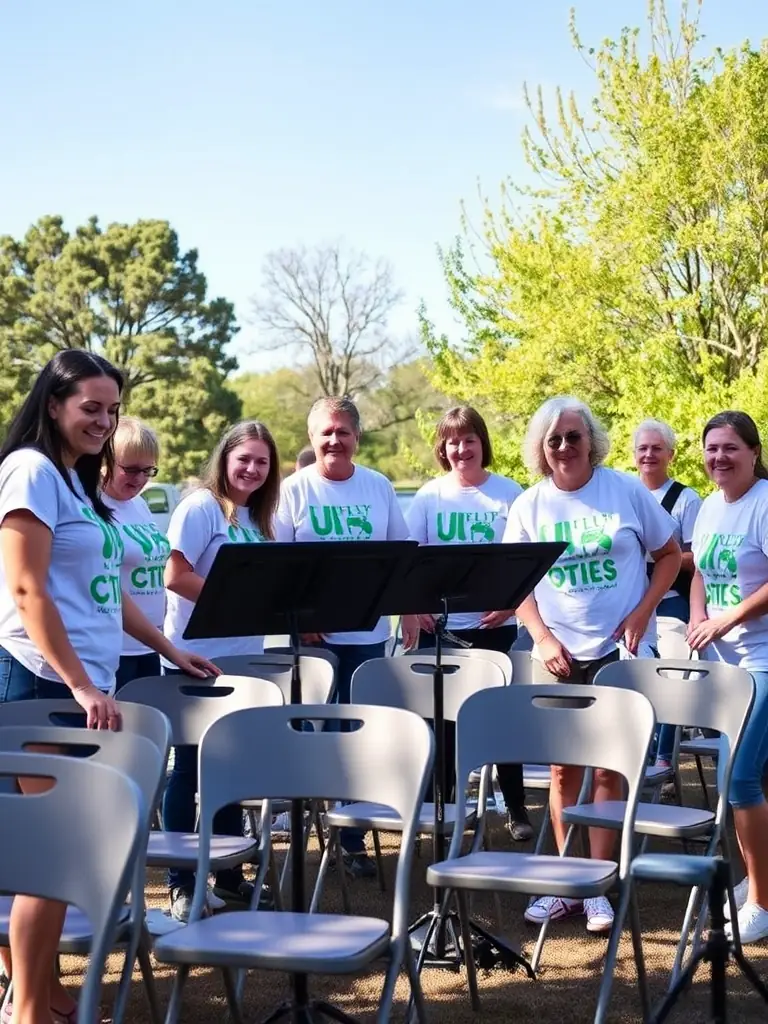 A photograph of volunteers setting up for a community arts event, demonstrating the organization's reliance on community support.
