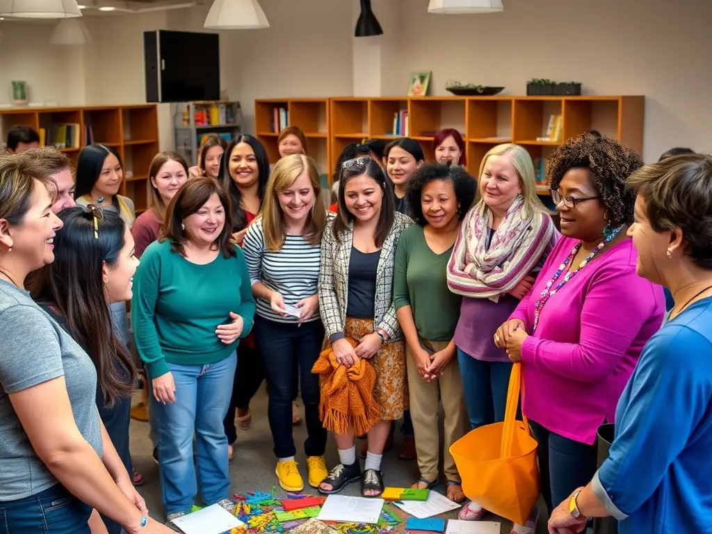 A vibrant image of a community theater workshop with diverse participants engaging in artistic activities, showcasing the inclusive and engaging nature of TOUS EN SCENE's programs.